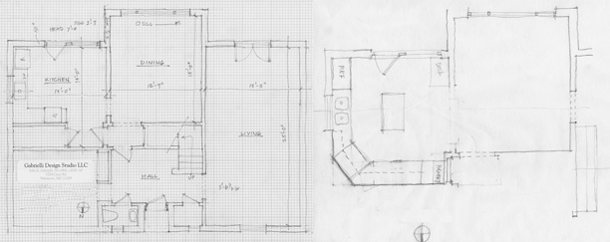 Consult sketches: measured plan of existing house + concept sketch for new kitchen